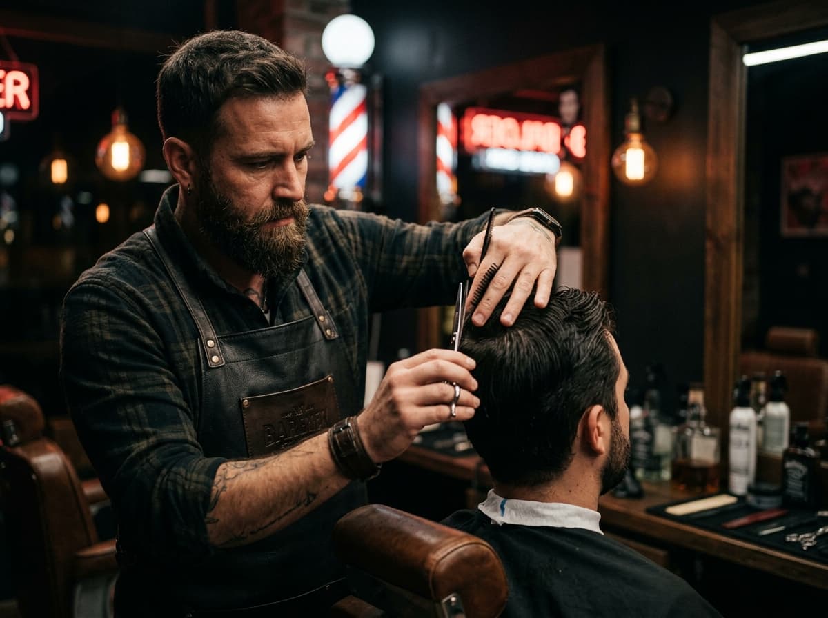 Focused barber carefully lining up cuts on cliente with shears
